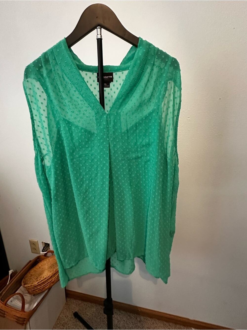 Vintage Liz Claiborne Emerald Green Chiffon Clip Dot Tank Top Plus Size XXL
